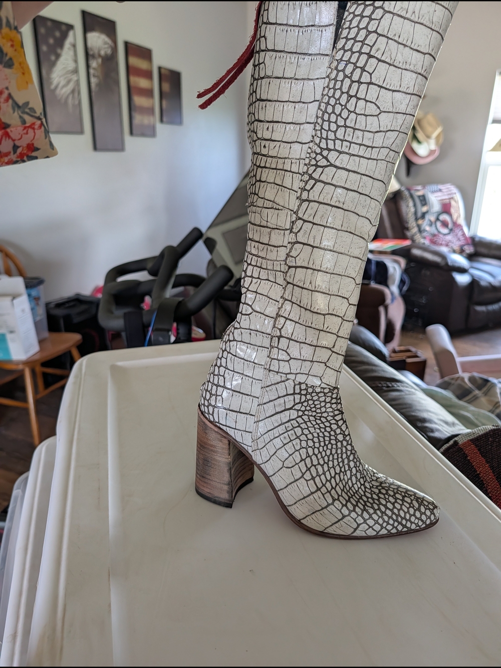 freebird White Croc-Embossed Mid-Calf Heeled Boot